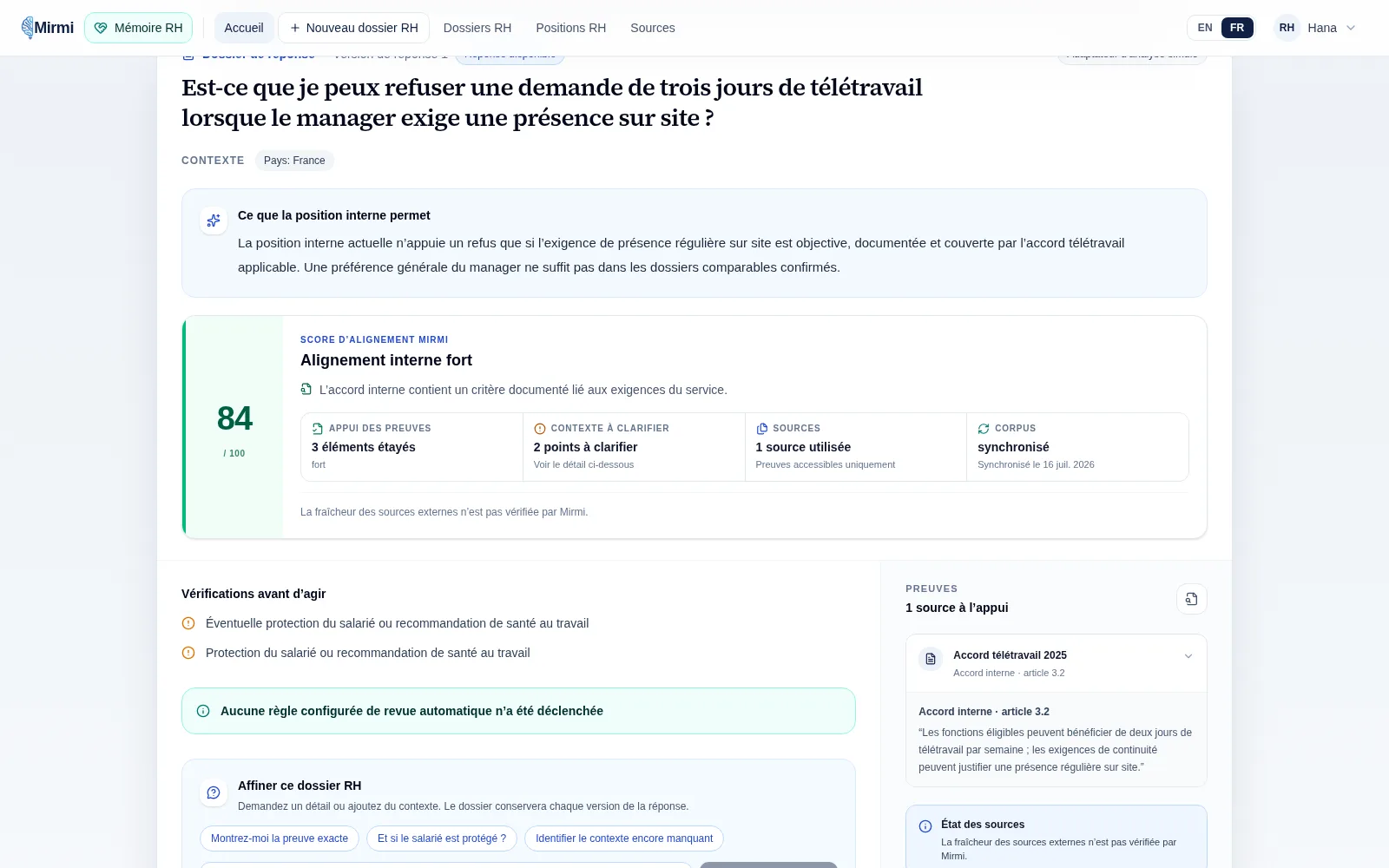 Base de connaissances RH Mirmi montrant une réponse sourcée à une question de télétravail