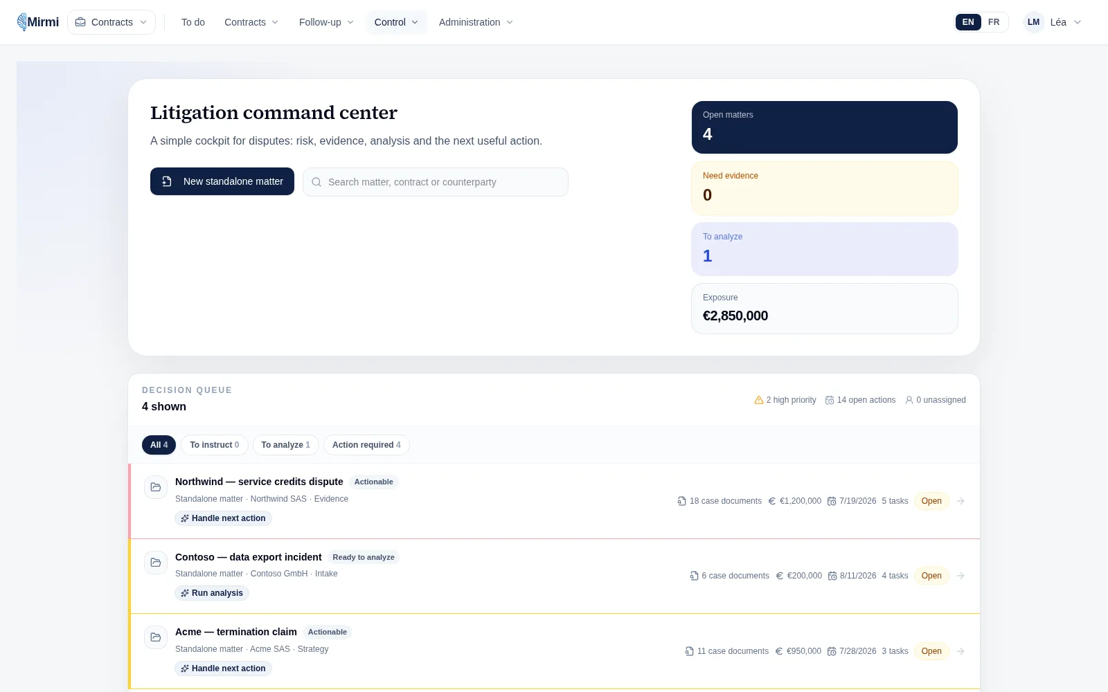 Centre de commande Mirmi pour des dossiers contentieux
